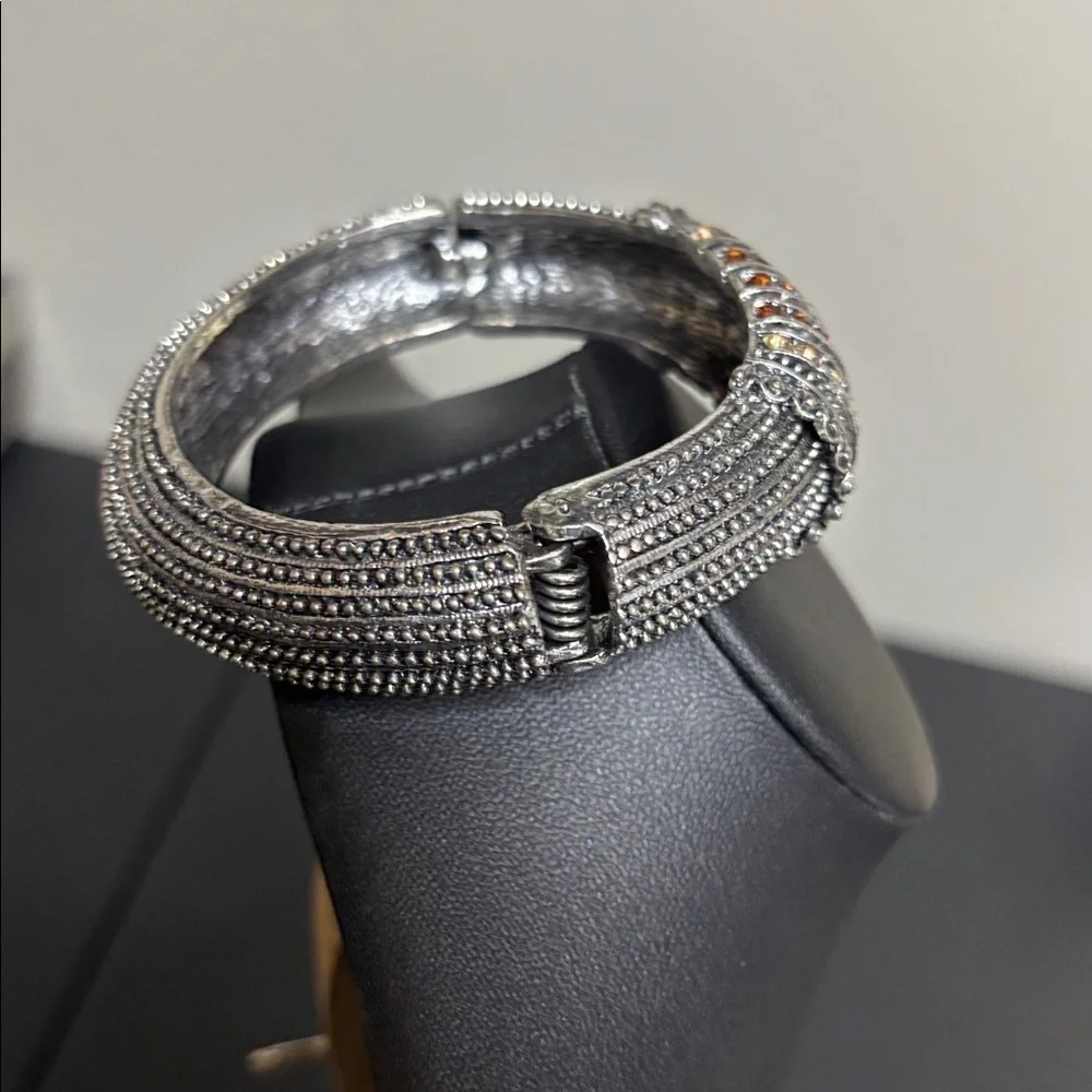 Silver Tone Citrine Garnet CZ Hinged Cuff Chunky Elegant Bracelet